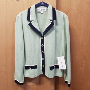 NWT ST. JOHN COLLECTION PISTACHIO/NAVY/WHITE Long Sleeve Cardigan SZ 4